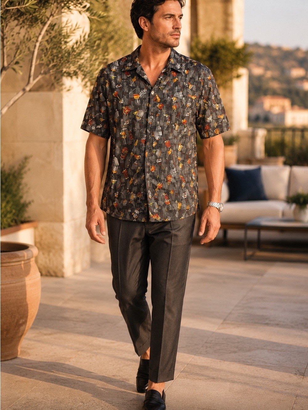 Bill Blass Martini Cocktail Print Camp Shirt Men’s L Lounge Resort